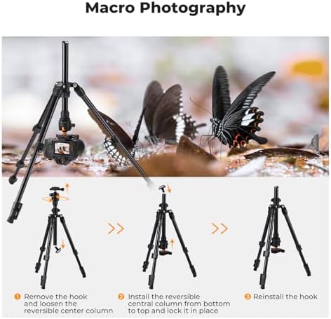 K&F Concept 76 inch Camera Tripod with Rotatable Multi Angle Center Column Lightweight Travel Outdoor DSLR Tripods with 360 Degree Ball Head Load Capacity 8kg/17 6lbs  Cellphone Clips for Smartphone