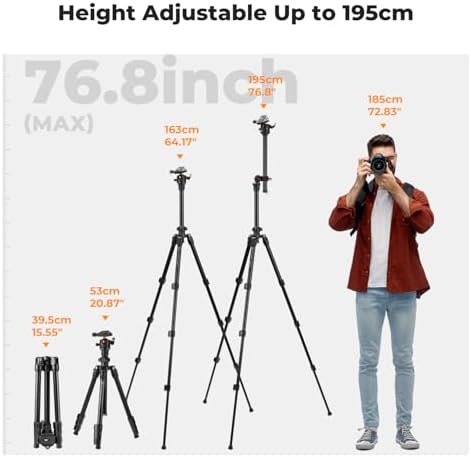 K&F Concept 76 inch Camera Tripod with Rotatable Multi Angle Center Column Lightweight Travel Outdoor DSLR Tripods with 360 Degree Ball Head Load Capacity 8kg/17 6lbs  Cellphone Clips for Smartphone