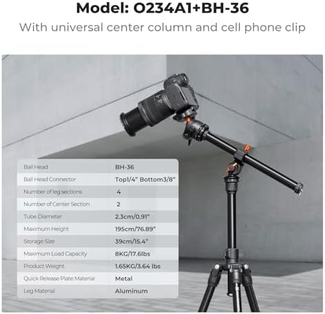 K&F Concept 76 inch Camera Tripod with Rotatable Multi Angle Center Column Lightweight Travel Outdoor DSLR Tripods with 360 Degree Ball Head Load Capacity 8kg/17 6lbs  Cellphone Clips for Smartphone