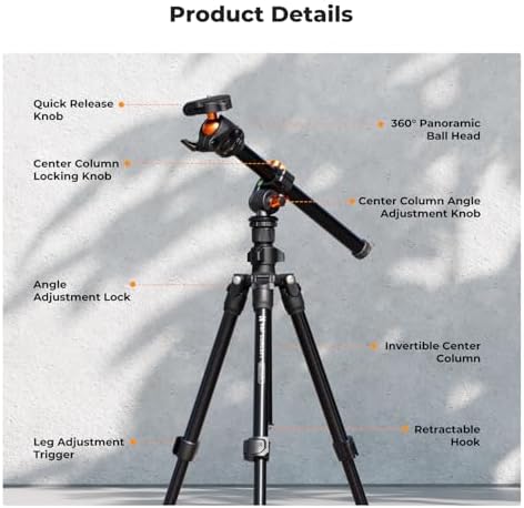 K&F Concept 76 inch Camera Tripod with Rotatable Multi Angle Center Column Lightweight Travel Outdoor DSLR Tripods with 360 Degree Ball Head Load Capacity 8kg/17 6lbs  Cellphone Clips for Smartphone