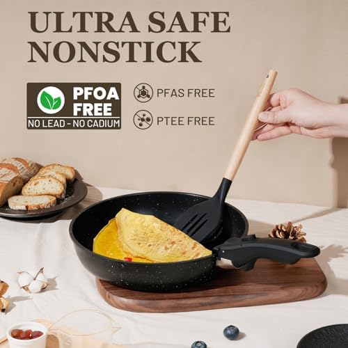 KIKCOIN Juego de 20 ollas y sartenes antiadherentes, con mango desmontable, antiadherentes, no tóxicas, juego de cocina para autocaravana con asas extraíbles, apto para lavavajillas y horno, fácil de