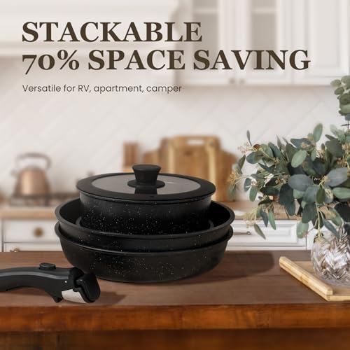 KIKCOIN Juego de 20 ollas y sartenes antiadherentes, con mango desmontable, antiadherentes, no tóxicas, juego de cocina para autocaravana con asas extraíbles, apto para lavavajillas y horno, fácil de