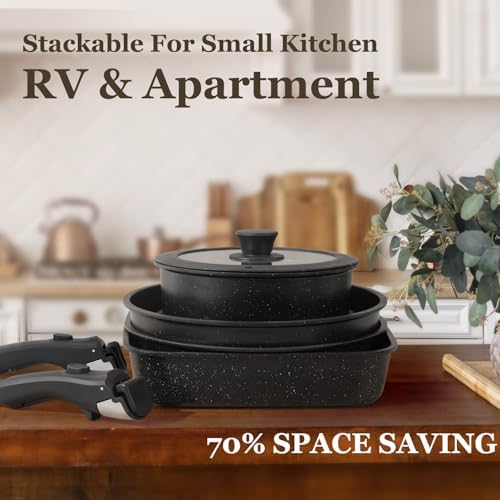 KIKCOIN Juego de 20 ollas y sartenes antiadherentes, con mango desmontable, antiadherentes, no tóxicas, juego de cocina para autocaravana con asas extraíbles, apto para lavavajillas y horno, fácil de