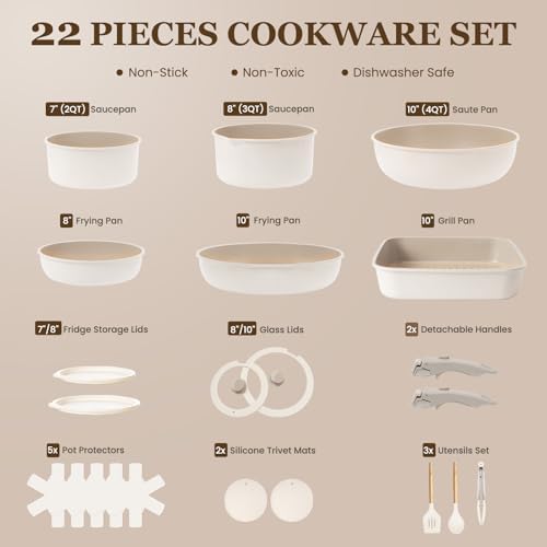 KIKCOIN Juego de 20 ollas y sartenes antiadherentes, con mango desmontable, antiadherentes, no tóxicas, juego de cocina para autocaravana con asas extraíbles, apto para lavavajillas y horno, fácil de