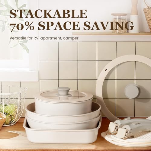 KIKCOIN Juego de 20 ollas y sartenes antiadherentes, con mango desmontable, antiadherentes, no tóxicas, juego de cocina para autocaravana con asas extraíbles, apto para lavavajillas y horno, fácil de