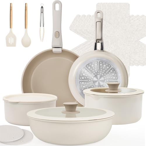 KIKCOIN Juego de 20 ollas y sartenes antiadherentes, con mango desmontable, antiadherentes, no tóxicas, juego de cocina para autocaravana con asas extraíbles, apto para lavavajillas y horno, fácil de