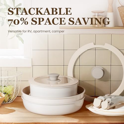 KIKCOIN Juego de 20 ollas y sartenes antiadherentes, con mango desmontable, antiadherentes, no tóxicas, juego de cocina para autocaravana con asas extraíbles, apto para lavavajillas y horno, fácil de