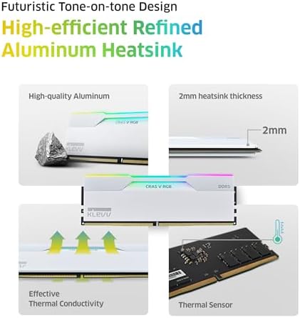 KLEVV CRAS V RGB DDR5 32GB  2x16GB  6400MHz CL30 SK Hynix A Die 1 35V Gaming Desktop Ram Memory XMP 3 0 / AMD Expo Ready   White  KD5AGUA80 64B300J