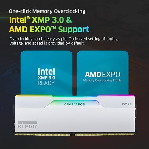 KLEVV CRAS V RGB DDR5 32GB  2x16GB  6400MHz CL30 SK Hynix A Die 1 35V Gaming Desktop Ram Memory XMP 3 0 / AMD Expo Ready   White  KD5AGUA80 64B300J