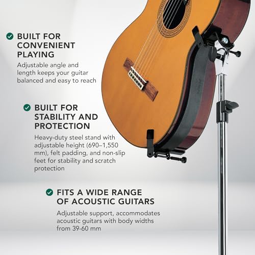 K&M Konig & Meyer 14761.000.55 Performer - Soporte de guitarra acústica resistente de 2 vías con ajuste de altura - Brazo de soporte de instrumentos forrado de fieltro Soporte plegable para guitarra - para músicos viejos y jóvenes