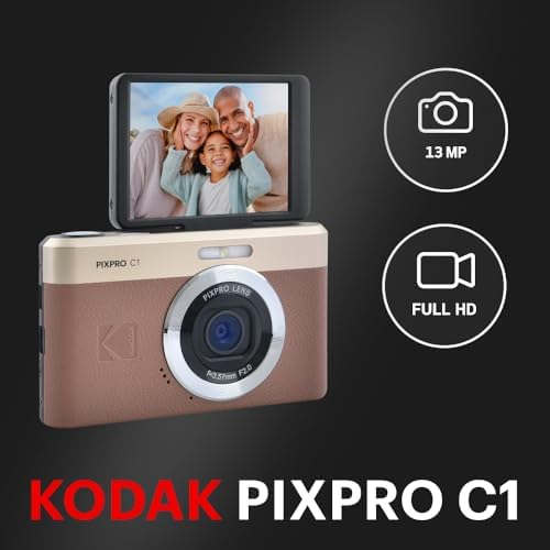 KODAK PIXPRO C1 Friendly Zoom Digital Camera   13MP Compact Point and Shoot with 2 8  180  Tilt LCD Flip Screen  Retro Vintage Design with 4X Zoom and 1080P Full HD Video for Travel  Vlogging  Brown