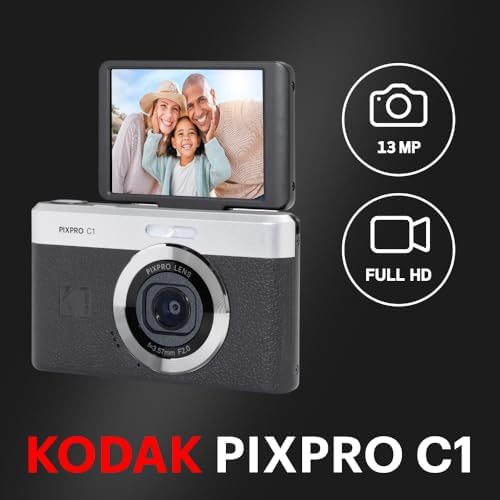 KODAK PIXPRO C1 Friendly Zoom Digital Camera   13MP Compact Point and Shoot with 2 8  180  Tilt LCD Flip Screen  Retro Vintage Design with 4X Zoom and 1080P Full HD Video for Travel  Vlogging  Brown