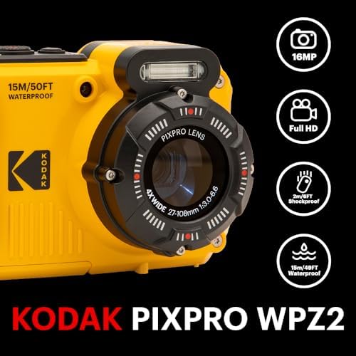 KODAK PIXPRO WPZ2 Waterproof Digital Camera  16MP with 4X Optical Zoom  Shockproof  Dustproof  1080p Video  Wi Fi  Waterproof to 50ft  Yellow