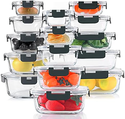 KOMUEE 30 Pieces Glass Food Storage Containers Set  Glass Meal Prep Containers Set with Snap Locking Lids  Airtight lunch Containers for Microwave  Oven  Freezer & Dishwasher Gray