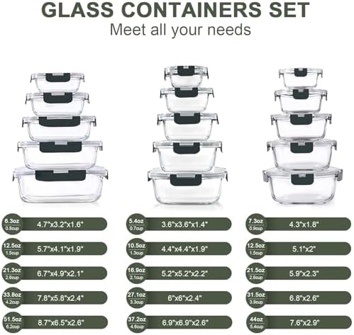 KOMUEE 30 Pieces Glass Food Storage Containers Set  Glass Meal Prep Containers Set with Snap Locking Lids  Airtight lunch Containers for Microwave  Oven  Freezer & Dishwasher Gray