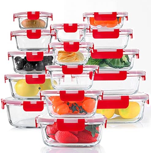 KOMUEE 30 Pieces Glass Food Storage Containers Set  Glass Meal Prep Containers Set with Snap Locking Lids  Airtight lunch Containers for Microwave  Oven  Freezer & Dishwasher Gray