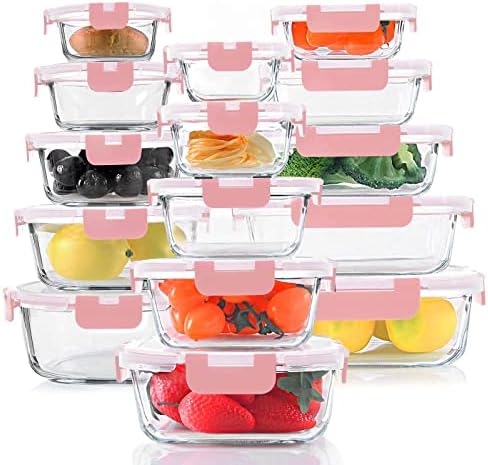 KOMUEE 30 Pieces Glass Food Storage Containers Set  Glass Meal Prep Containers Set with Snap Locking Lids  Airtight lunch Containers for Microwave  Oven  Freezer & Dishwasher Gray