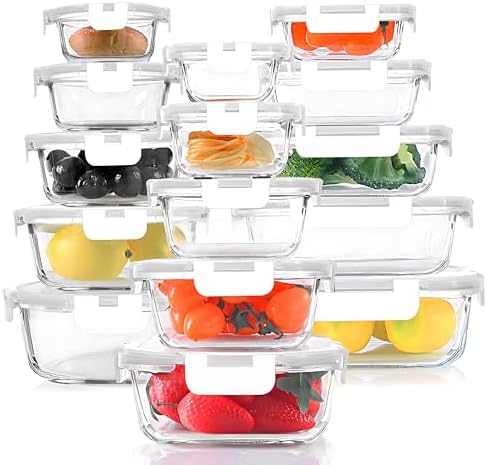 KOMUEE 30 Pieces Glass Food Storage Containers Set  Glass Meal Prep Containers Set with Snap Locking Lids  Airtight lunch Containers for Microwave  Oven  Freezer & Dishwasher Gray