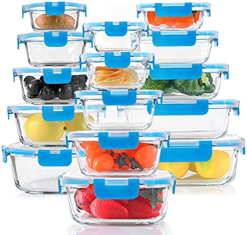 KOMUEE 30 Pieces Glass Food Storage Containers Set  Glass Meal Prep Containers Set with Snap Locking Lids  Airtight lunch Containers for Microwave  Oven  Freezer & Dishwasher Gray