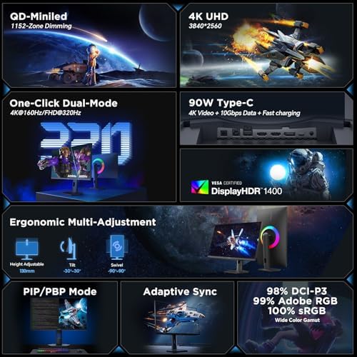 KOORUI 27 4K QD Mini LED Gaming Monitor   Dual Mode  UHD 160Hz or FHD 320Hz   1ms  99  Adobe RGB  HDR1400  90W USB C  HDMI 2 1/DP1 4  VESA  Tilt Height Swivel Vertical Adjustment  Black  S2741LM