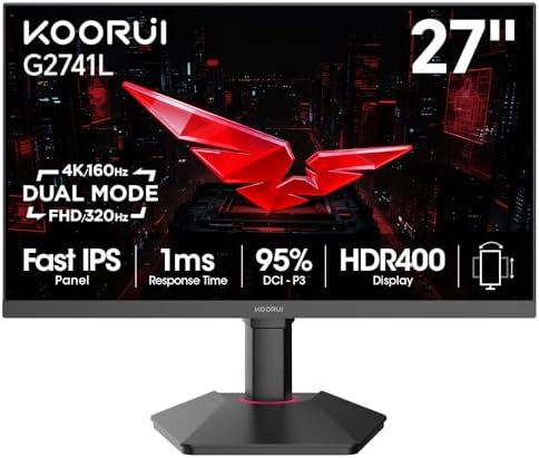 KOORUI 27 4K QD Mini LED Gaming Monitor   Dual Mode  UHD 160Hz or FHD 320Hz   1ms  99  Adobe RGB  HDR1400  90W USB C  HDMI 2 1/DP1 4  VESA  Tilt Height Swivel Vertical Adjustment  Black  S2741LM