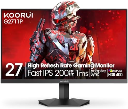 KOORUI 27 Gaming Monitor  200Hz 1ms Fast IPS  WQHD  2560 x 1440p  HDR 400 Display  DCI P3 95  Color Gamut  FreeSync Premium  Adaptive G Sync  HDMI x 2  DisplayPort  G2721P