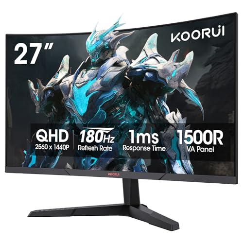 KOORUI 27 Inch Curved Gaming Monitor QHD  2560 x 1440  180Hz  1ms 1500R Display  Adaptive Sync  90  DCI P3  HDMI 2 0 & DisplayPort 1 4  VESA  Tilt  Eye Care  27E6QCA
