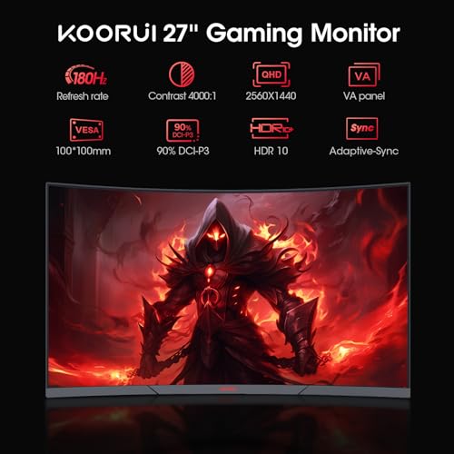 KOORUI 27 Inch Curved Gaming Monitor QHD  2560 x 1440  180Hz  1ms 1500R Display  Adaptive Sync  90  DCI P3  HDMI 2 0 & DisplayPort 1 4  VESA  Tilt  Eye Care  27E6QCA
