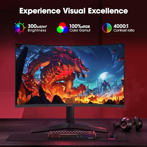 KOORUI 27 Inch Curved Gaming Monitor QHD  2560 x 1440  180Hz  1ms 1500R Display  Adaptive Sync  90  DCI P3  HDMI 2 0 & DisplayPort 1 4  VESA  Tilt  Eye Care  27E6QCA