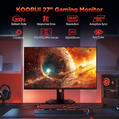 KOORUI 27 Inch QHD Gaming Monitor  200Hz Monitor  1ms  Fast IPS  HDR400  95  DCI P3 Color Gamut  Height/Pivot/Tilt Adjustability  Adaptive Sync Technology  HDMI & DP Ports  2K Display  Black G2722P