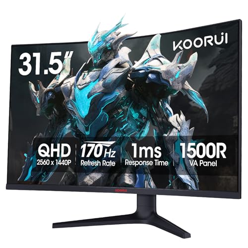 KOORUI 32 inch Curved Gaming Monitor   QHD  2560 x 1440  2K Display  170Hz 144Hz Monitor  1500R Curvature  1ms  HDR10  Adaptive Sync  Tilt Adjustable  DisplayPort HDMI  Black   32E6QC