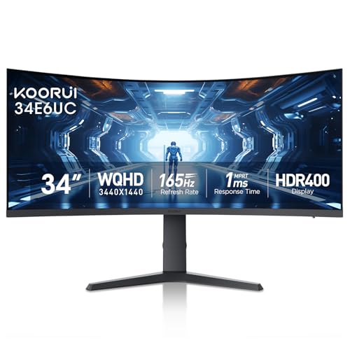 KOORUI 34 inch Curved Ultrawide WQHD 3440 1440 Gaming Monitor  165Hz 1000R  PIP/PBP  1ms MPRT   HDR400  DCI P3 95   FreeSync Premium  1 x DP 1 4 & 2 x HDMI 2 0  Tilt Height Swivel Adjustment  34E6UC