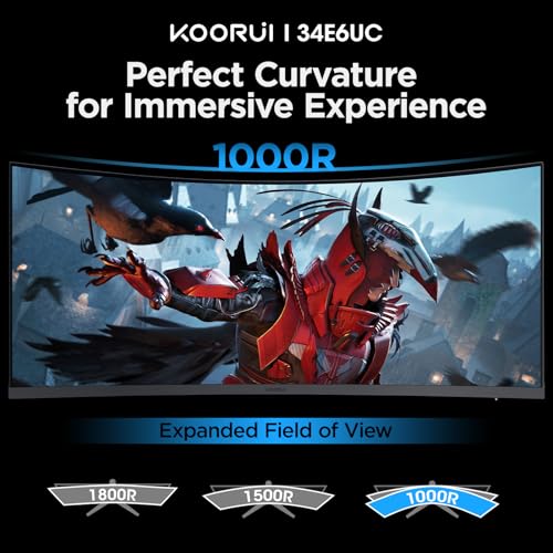 KOORUI 34 inch Curved Ultrawide WQHD 3440 1440 Gaming Monitor  165Hz 1000R  PIP/PBP  1ms MPRT   HDR400  DCI P3 95   FreeSync Premium  1 x DP 1 4 & 2 x HDMI 2 0  Tilt Height Swivel Adjustment  34E6UC
