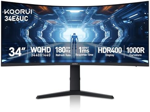 KOORUI 34 inch Curved Ultrawide WQHD 3440 1440 Gaming Monitor  180Hz 1000R  PIP/PBP  1ms MPRT   HDR400  DCI P3 95   FreeSync Premium  1 x DP 1 4 & 2 x HDMI 2 0  Tilt Height Swivel Adjustment  34E6UC