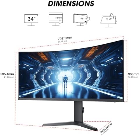 KOORUI 34 inch Curved Ultrawide WQHD 3440 1440 Gaming Monitor  180Hz 1000R  PIP/PBP  1ms MPRT   HDR400  DCI P3 95   FreeSync Premium  1 x DP 1 4 & 2 x HDMI 2 0  Tilt Height Swivel Adjustment  34E6UC