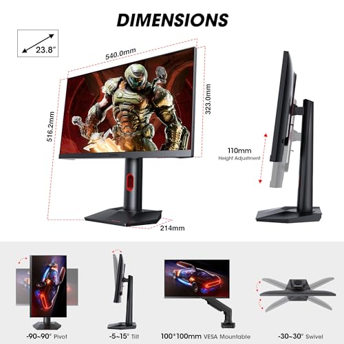 KOORUI Gaming Monitor  QHD 24 Nano IPS Display  1440P 165Hz Computer Monitor  1ms 2K PC Screen  100  sRGB  Adaptive Sync  Height/Tilt/Pivot Adjustment  HDMI  DisplayPort  GP01