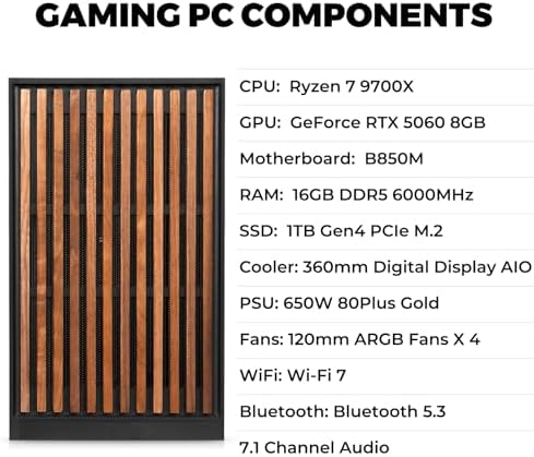 KOTIN Prebuilt Gaming PC Desktop Computer  Ryzen 7 9700X  GeForce RTX 5060 8GB  16GB DDR5 6000MHz  1TB PCIe 4 0 SSD  11 3 Display  360mm Liquid Cooler  WiFi 7  Windows 11 Home  ARGB Gaming Tower G60B