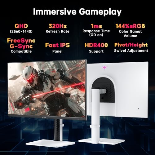 KTC 27 Inch White Gaming Monitor 300Hz/320Hz  QHD 1440P Fast IPS Computer Monitor with Adaptive FreeSync  HDR400  Height/Pivot/Swivel/Tilt Adjustable  DP&HDMI  H27E6