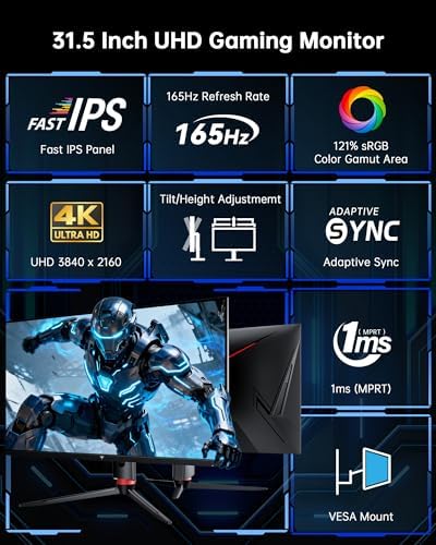 KTC 32 Inch 4K Gaming Monitor  165Hz UHD  3840x2160P  Fast IPS Screen  1ms  MPRT   Adaptive Sync  3000 1 Contrast 121  sRGB HDMI 2 1 Display Port 1 4  Tilt/Height Adjustment  VESA Mount  H32P22P