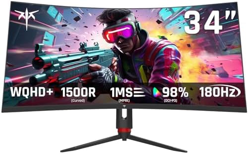 KTC 34 inch Curved Ultrawide Gaming Monitor  180Hz WQHD 3440x1440 PC Monitor  21 9  1ms  1500R  Adaptive Sync  HDMI Display Port  PBP/PIP  Height/Tilt/Swivel/Pivot Adjustment  VESA Mount  H34S18S