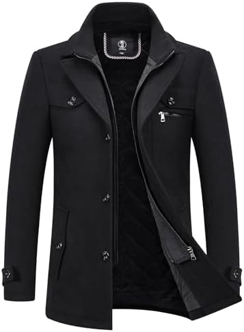 KUDORO Mens Wool Blend Trench Coat Slim Fit Overcoat with Detachable Stand Collar Single Breasted Classic Dress Coat
