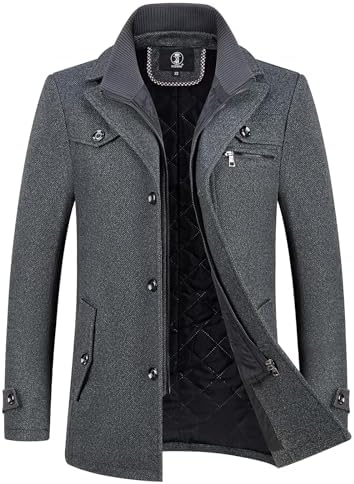 KUDORO Mens Wool Blend Trench Coat Slim Fit Overcoat with Detachable Stand Collar Single Breasted Classic Dress Coat