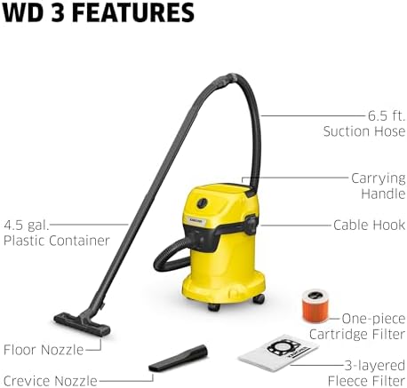 K RCHER Shop Vacuum WD 3  4 5 Gal  2 8 Peak HP  26 ft Reach  Wet Dry Vacuum Cleaner  Blower Function  Crevice Tool  Floor Nozzle  Great for Car Cleaning