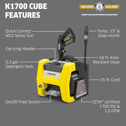 K rcher Pressure Washer K1700 Cube  CETA Certified  3 Spray Nozzles  Detergent Tank  for Cars  Driveways  Siding  Patios  1 2 GPM