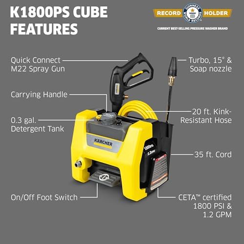 K rcher Pressure Washer K1700 Cube  CETA Certified  3 Spray Nozzles  Detergent Tank  for Cars  Driveways  Siding  Patios  1 2 GPM