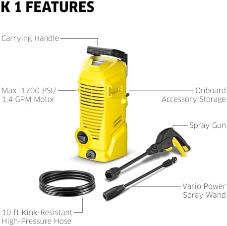 K rcher Pressure Washer K 1  Max 1 45 GPM  1700 PSI  Trigger Spray Gun & Vario Power Spray Wand   for Cars  Bikes  Deck  Driveways  Siding  Patios
