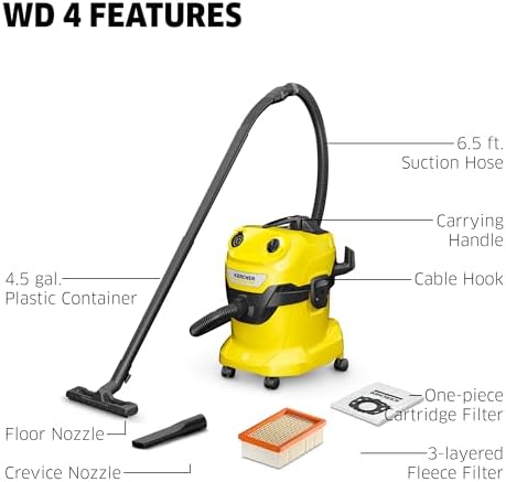 K rcher Shop Vacuum WD 4  5 3 Gal  3 8 Peak HP  33 ft Reach  Wet Dry Vacuum Cleaner  Heavy Duty  Blower Function  Crevice Tool  Floor Nozzle  Great for DIY Projects and Workshops