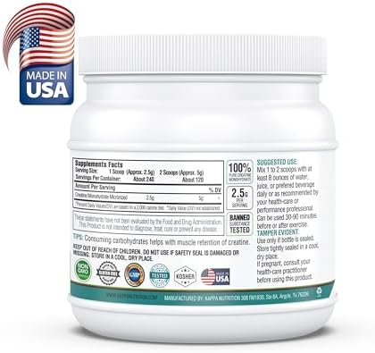 Kappa Nutrition Creatine Monohydrate Powder  Pure Amino Acid Formula  Supports Muscle Strength  Cellular Energy & Mental Focus  Gluten Free  Keto  2 25g per Scoop  240 Servings  Net Wt  1 32 LB  600g 