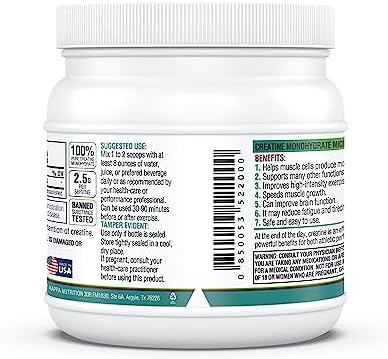 Kappa Nutrition Creatine Monohydrate Powder  Pure Amino Acid Formula  Supports Muscle Strength  Cellular Energy & Mental Focus  Gluten Free  Keto  2 25g per Scoop  240 Servings  Net Wt  1 32 LB  600g 