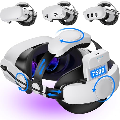 Kawaye for Meta Quest 3S/Quest 2/Quest 3 Head Strap with 7500mAh Hot-Swap Battery, Double Knobs Adjustable VR Headset Strap Enhanced Support&Comfort&Reduce Pressure
